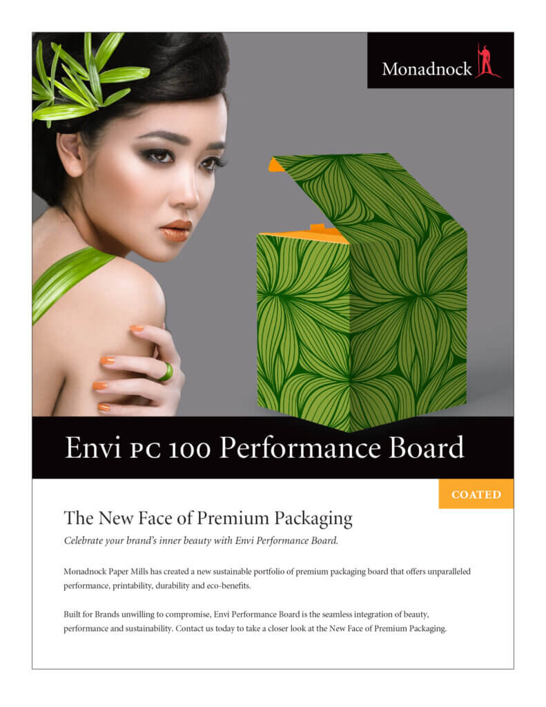 Composite image shown in it's final use. A piece of marketing collateral for 100% recycled packaging paper.