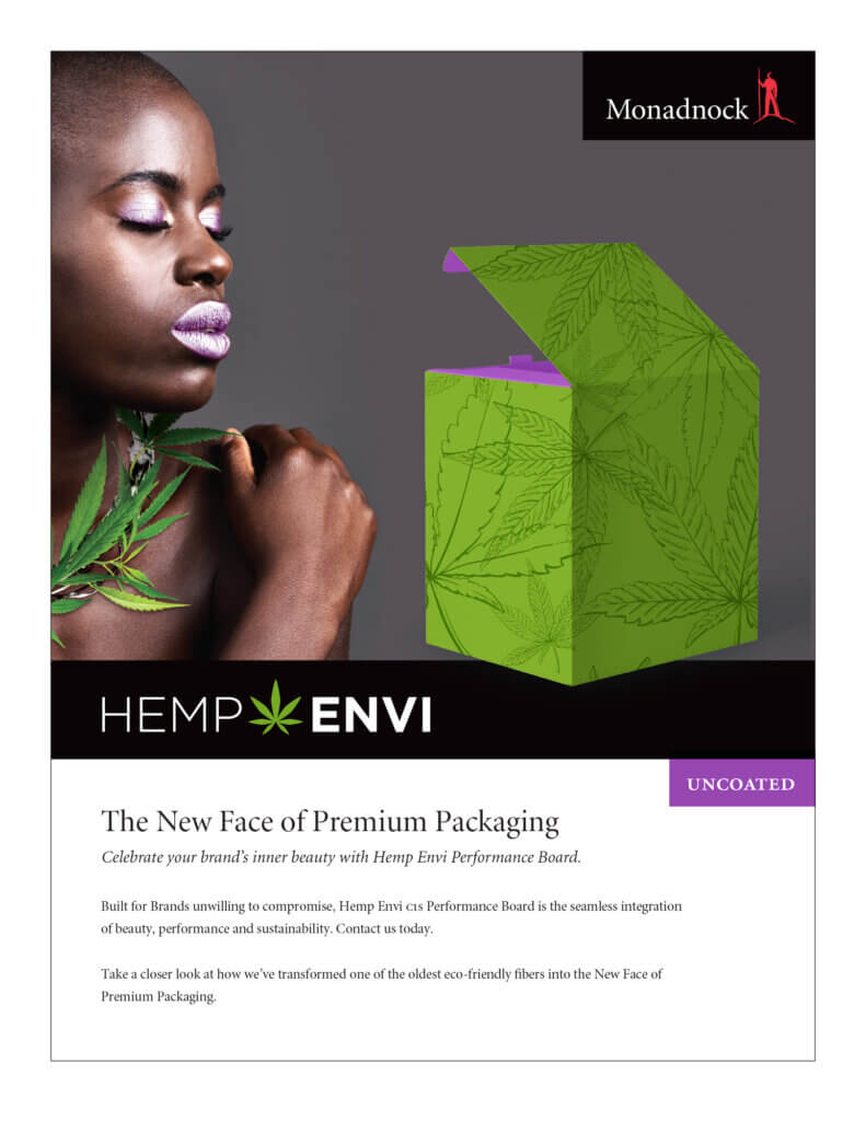 The result of using compositing and stock photography to create custom imagery on a budget in it's final end use. A piece of marketing collateral for hemp packaging paper.